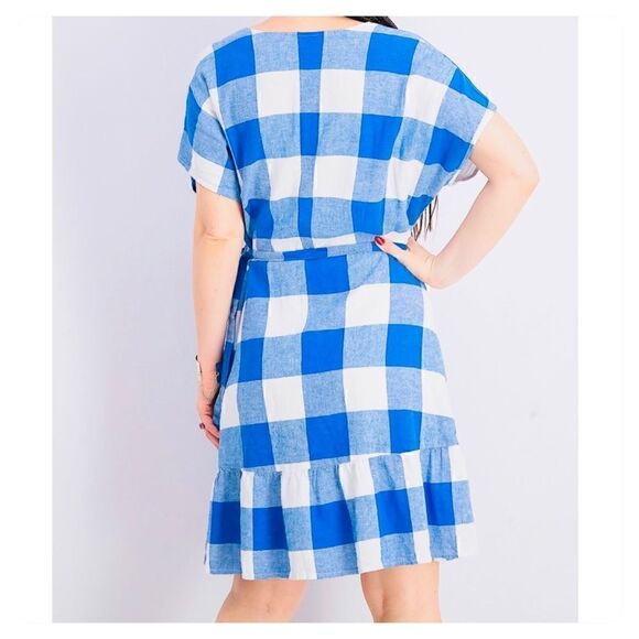 Old Navy Size Large Petite LP Blue & White Plaid Linen Summer Wrap Dress - Picture 4 of 14